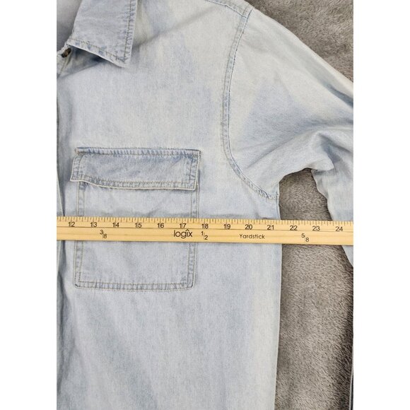 Forever 21 Dress Womens Medium Blue Light Denim Button Up Trumpet Sleeve Mini - Picture 4 of 13